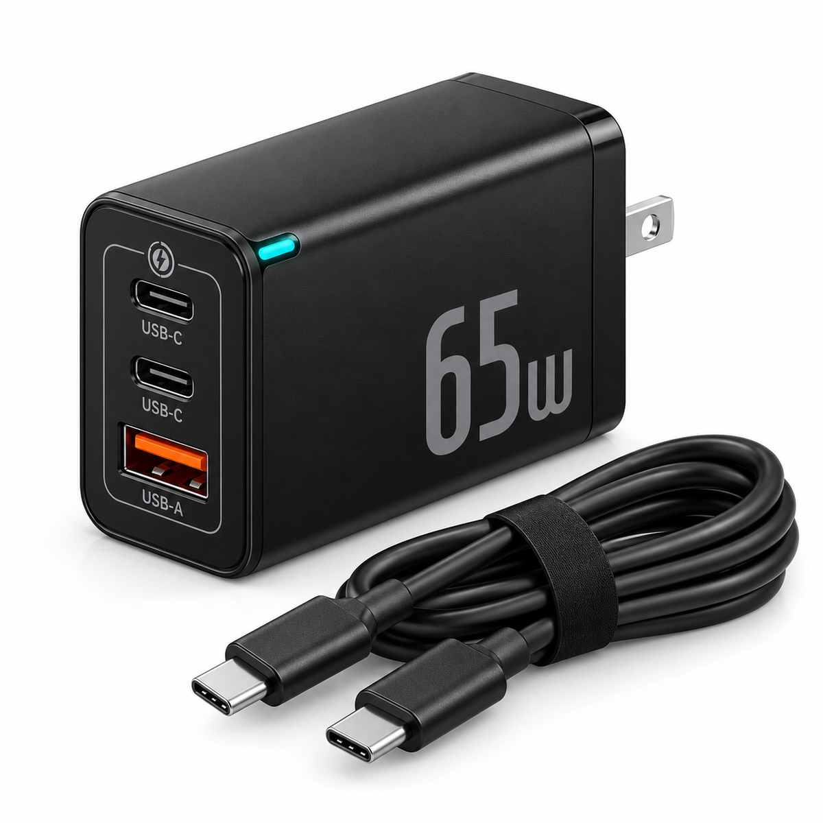 65W Fast Charger with USB-C Cable – 3-Port GaN Fast Charging Adapter