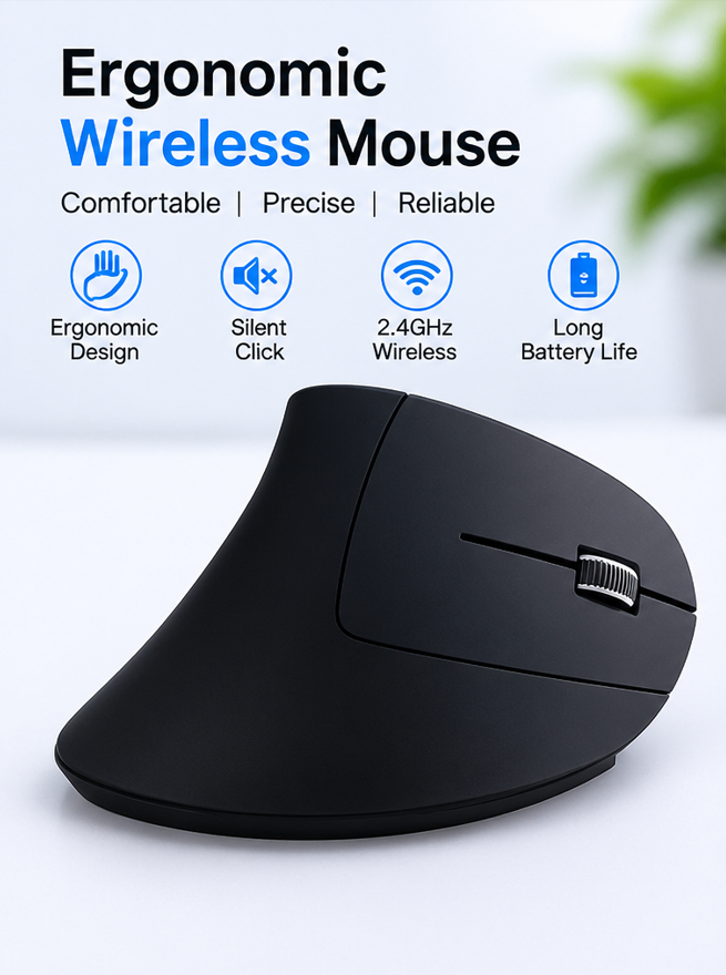 Ergonomic Vertical Wireless Mouse, Silent Click 2.4GHz for Laptop & PC