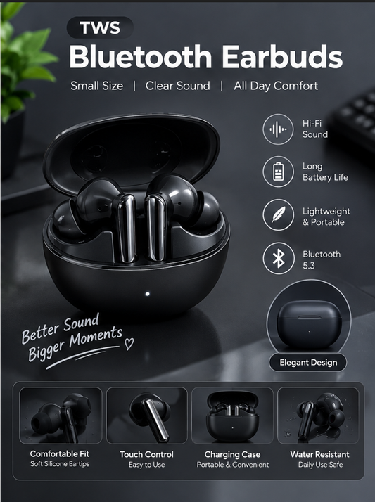 TWS Bluetooth 5.3 Wireless Earbuds, Touch Control with Charging Case
